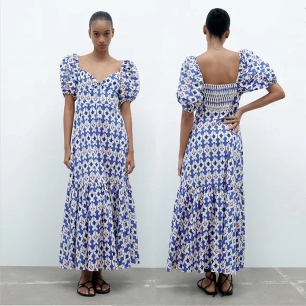 Zara Women's Balloon Sleeve V-Neck Printed Maxi Dress